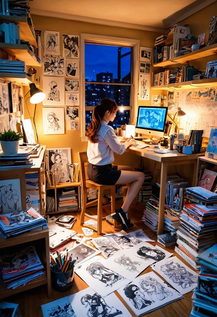 A captivating scene depicting a vibrant manga artist's studio, filled with colorful illustrations of anime characters in various romantic poses and intimate moments. The artist, a young, passionate individual, is surrounded by sketches of both hentai and love story themes, with markers and digital devices scattered around. A blend of light and shadows creates an immersive atmosphere showcasing the art's allure and creativity. super-realistic. vibrant colors. warm lighting.