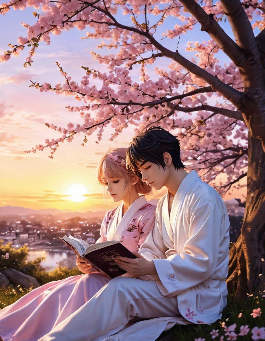 A beautifully illustrated scene depicting two anime characters in a lush cherry blossom setting, passionately reading a romance novel together. Their expressions are filled with joy and curiosity as they share a moment of connection. The background features delicate pink petals gently falling around them, enhancing the romantic atmosphere, with a hint of a golden sunset in the distance. vibrant colors. anime style. dreamy background.
