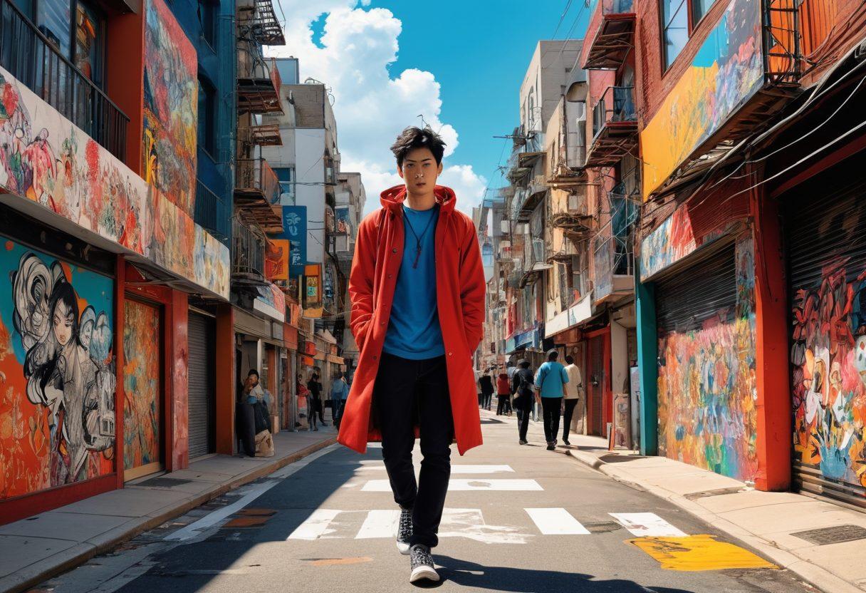 A captivating collage of manga characters seamlessly blending into scenes from adult graphic novels, showcasing dynamic poses and intricate details. The background features a vibrant urban landscape, infused with colorful street art, symbolizing artistic expression. Elements like ink splatters and open comic panels create a sense of movement and fluidity. The overall atmosphere should radiate creativity and connection between both art styles. vibrant colors. super-realistic. dynamic composition.